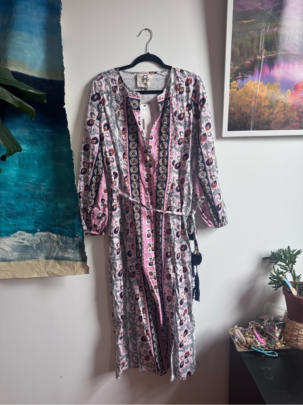 NWT Figue Ikat Print Maxi Dress Shell and Pom Size Medium Pink Blue